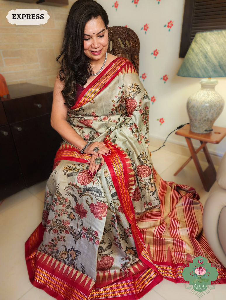 Zynah Pastel Green & Red Bold Floral Print Pure Tussar Silk Vidarbha Saree With Karvati Kinaar Border; Custom Stitched/Ready-made Blouse, Fall, Petticoat; SKU: 1909202402