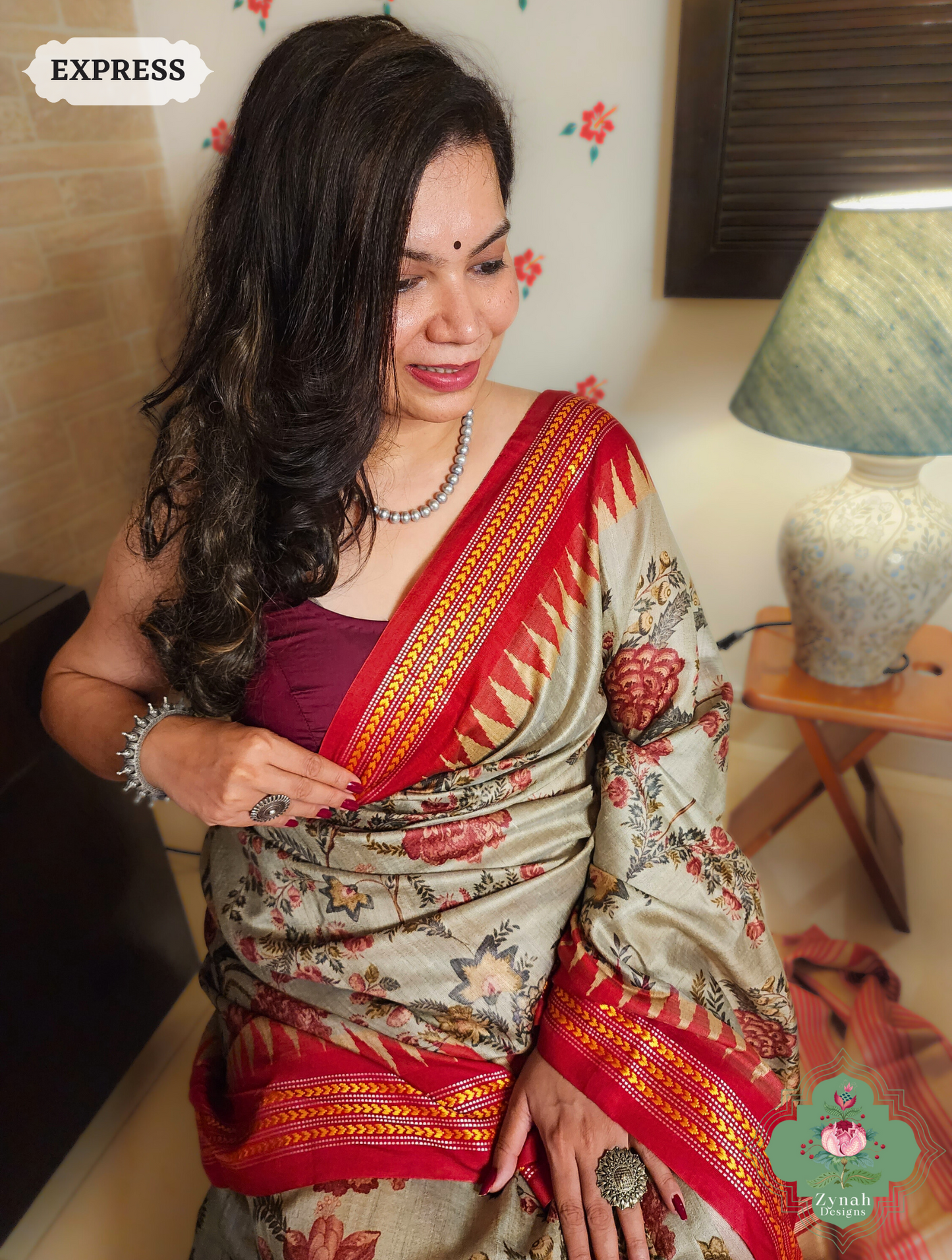 Zynah Kusumita – Pastel Green & Red Pure Tussar Silk Vidarbha Saree with Karvati Kinaar Border