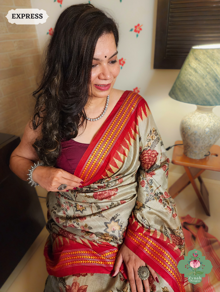 Zynah Pastel Green & Red Bold Floral Print Pure Tussar Silk Vidarbha Saree With Karvati Kinaar Border; Custom Stitched/Ready-made Blouse, Fall, Petticoat; SKU: 1909202402