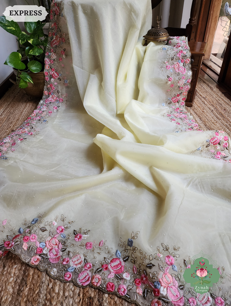 Zynah Pastel Lemon Yellow Organza Silk Saree With Delicate Floral Embroidery & Hand Embellished With Pearls & Cutdana Beads; Custom Stitched/Ready-made Blouse, Fall, Petticoat; SKU: 0503202501