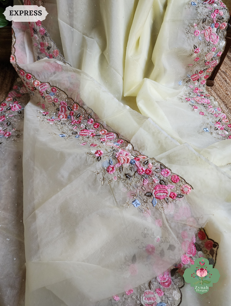 Zynah Pastel Lemon Yellow Organza Silk Saree With Delicate Floral Embroidery & Hand Embellished With Pearls & Cutdana Beads; Custom Stitched/Ready-made Blouse, Fall, Petticoat; SKU: 0503202501