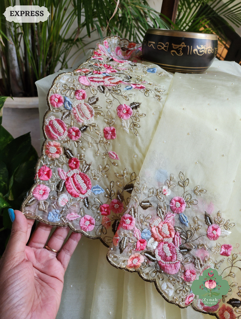Zynah Pastel Lemon Yellow Organza Silk Saree With Delicate Floral Embroidery & Hand Embellished With Pearls & Cutdana Beads; Custom Stitched/Ready-made Blouse, Fall, Petticoat; SKU: 0503202501
