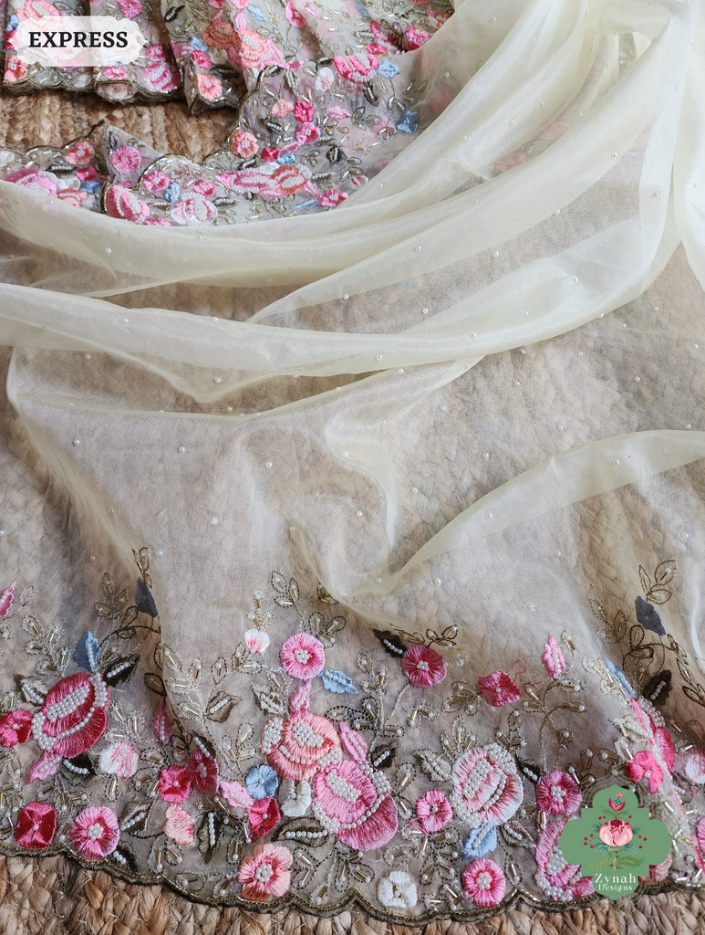 Zynah Pastel Lemon Yellow Organza Silk Saree With Delicate Floral Embroidery & Hand Embellished With Pearls & Cutdana Beads; Custom Stitched/Ready-made Blouse, Fall, Petticoat; SKU: 0503202501