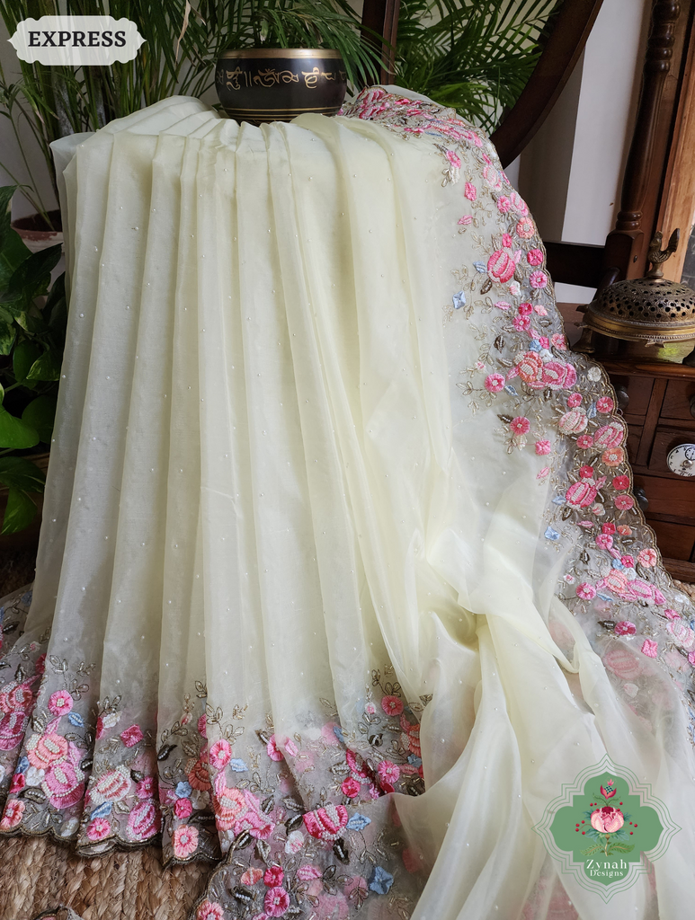 Zynah Pastel Lemon Yellow Organza Silk Saree With Delicate Floral Embroidery & Hand Embellished With Pearls & Cutdana Beads; Custom Stitched/Ready-made Blouse, Fall, Petticoat; SKU: 0503202501