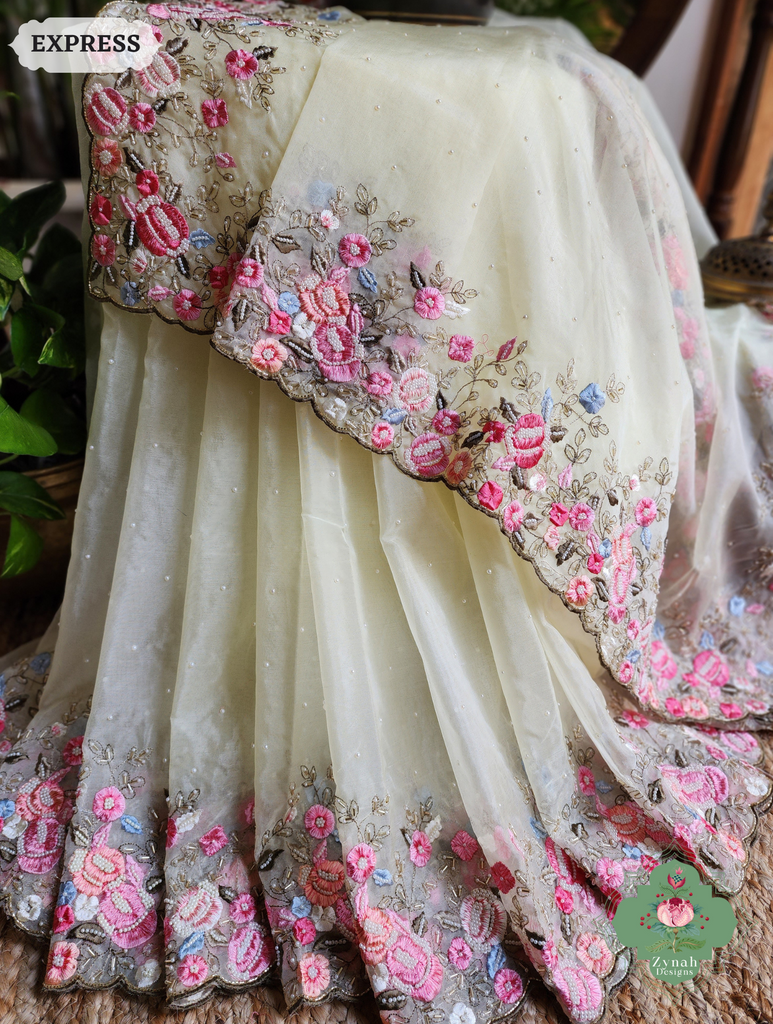 Zynah Pastel Lemon Yellow Organza Silk Saree With Delicate Floral Embroidery & Hand Embellished With Pearls & Cutdana Beads; Custom Stitched/Ready-made Blouse, Fall, Petticoat; SKU: 0503202501