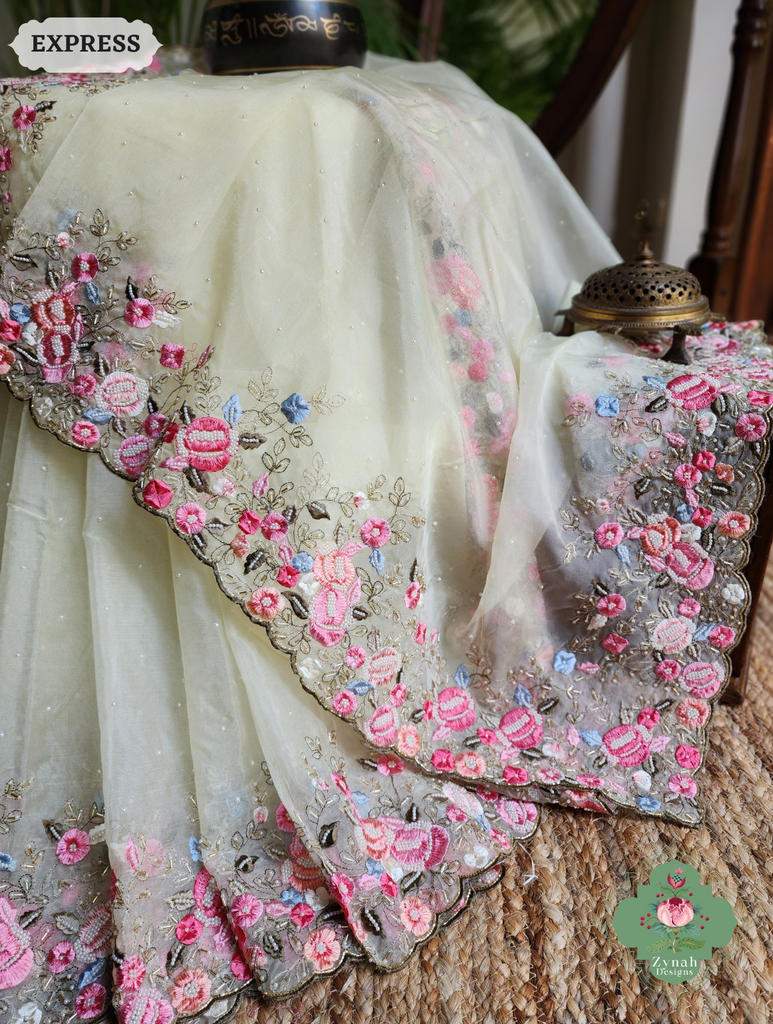 Zynah Pastel Lemon Yellow Organza Silk Saree With Delicate Floral Embroidery & Hand Embellished With Pearls & Cutdana Beads; Custom Stitched/Ready-made Blouse, Fall, Petticoat; SKU: 0503202501