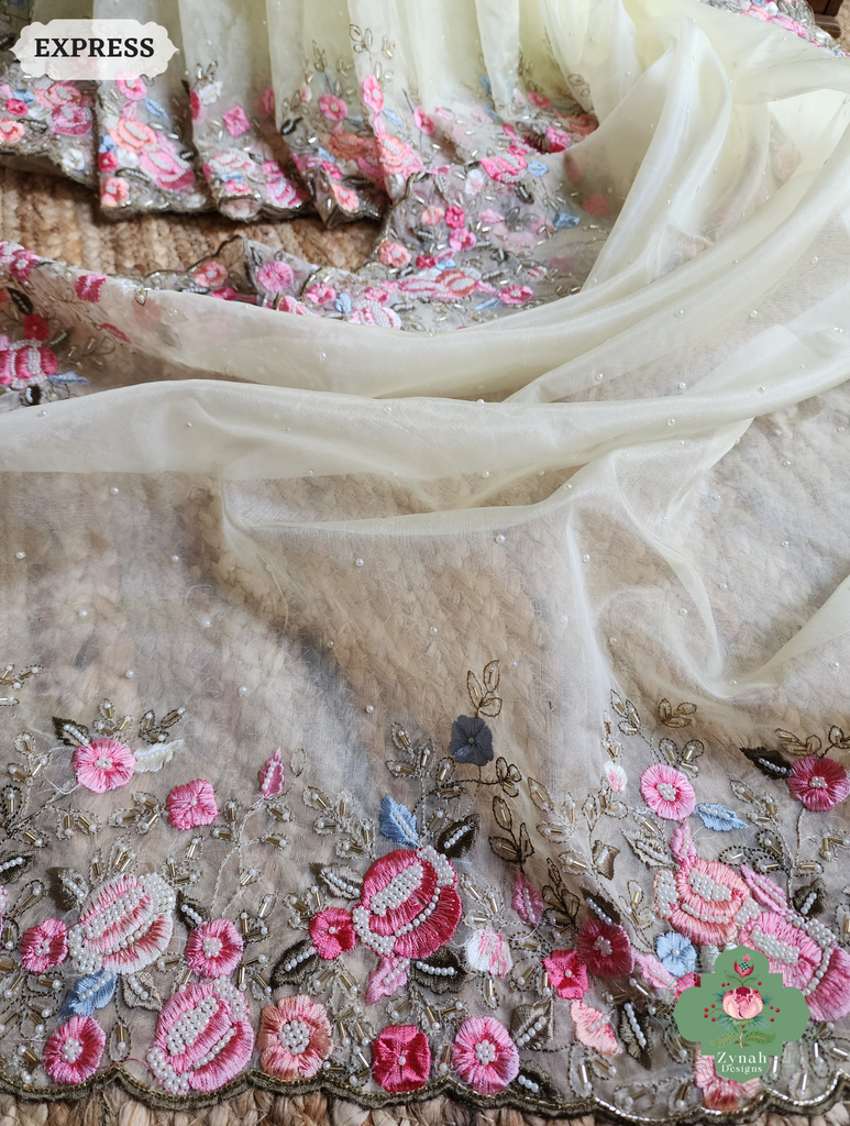 Zynah Pastel Lemon Yellow Organza Silk Saree With Delicate Floral Embroidery & Hand Embellished With Pearls & Cutdana Beads; Custom Stitched/Ready-made Blouse, Fall, Petticoat; SKU: 0503202501
