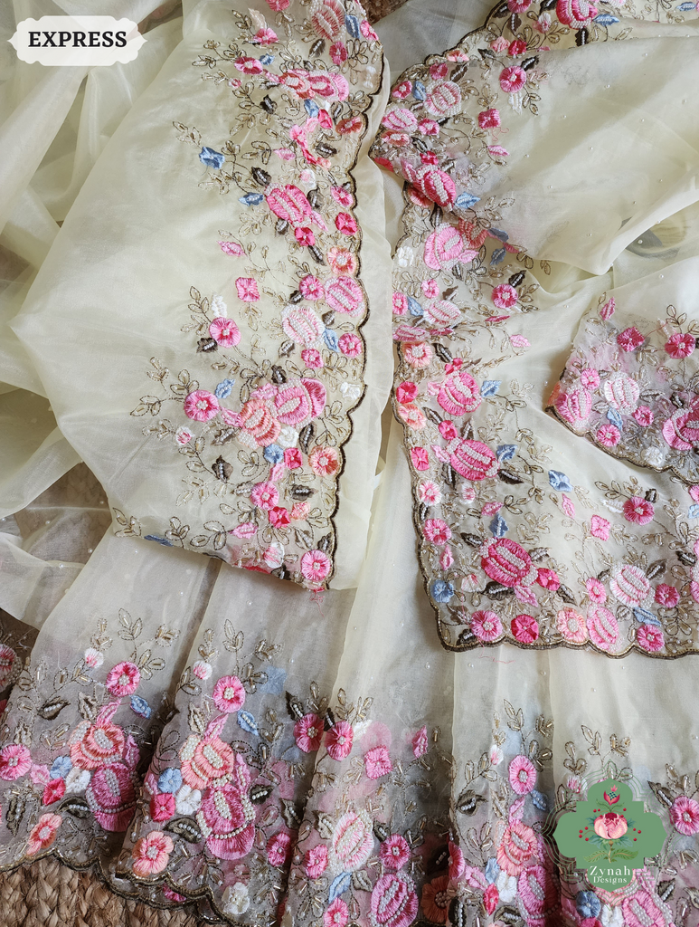 Zynah Pastel Lemon Yellow Organza Silk Saree With Delicate Floral Embroidery & Hand Embellished With Pearls & Cutdana Beads; Custom Stitched/Ready-made Blouse, Fall, Petticoat; SKU: 0503202501