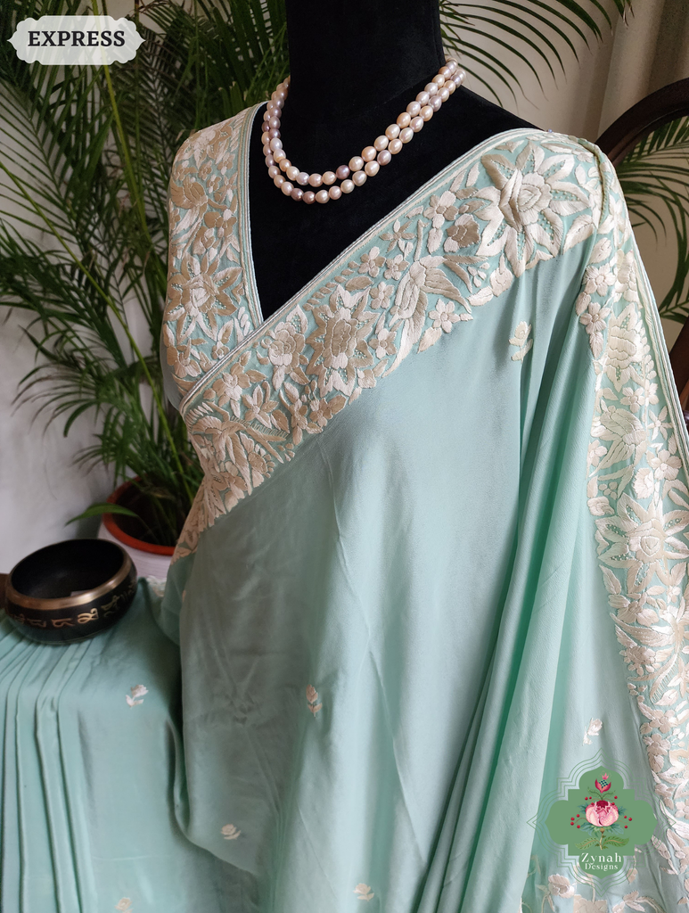 Zynah Made To Order Pastel Mint Green Pure Crepe Silk Hand Embroidered Authentic Parsi Gara Saree; Custom Stitched/Ready-made Blouse, Fall, Petticoat; SKU: 1109202502