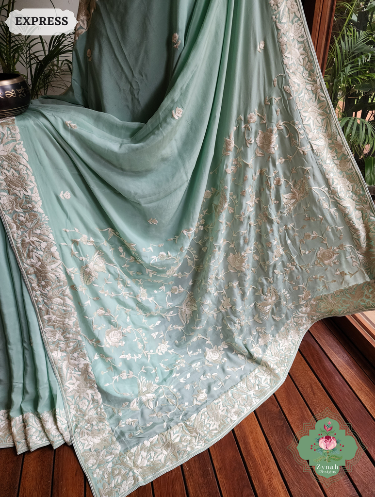 Zynah Made To Order Pastel Mint Green Pure Crepe Silk Hand Embroidered Authentic Parsi Gara Saree; Custom Stitched/Ready-made Blouse, Fall, Petticoat; SKU: 1109202502