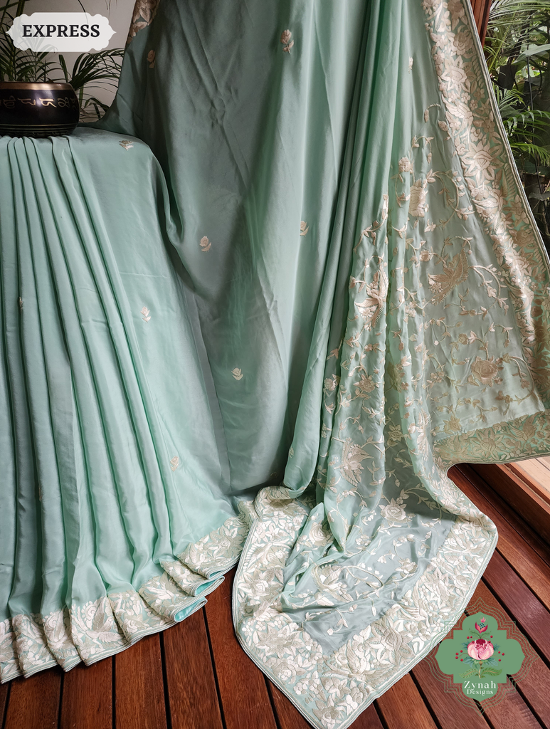 Zynah Made To Order Pastel Mint Green Pure Crepe Silk Hand Embroidered Authentic Parsi Gara Saree; Custom Stitched/Ready-made Blouse, Fall, Petticoat; SKU: 1109202502
