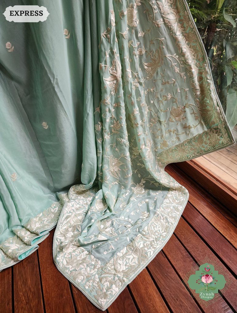 Zynah Made To Order Pastel Mint Green Pure Crepe Silk Hand Embroidered Authentic Parsi Gara Saree; Custom Stitched/Ready-made Blouse, Fall, Petticoat; SKU: 1109202502