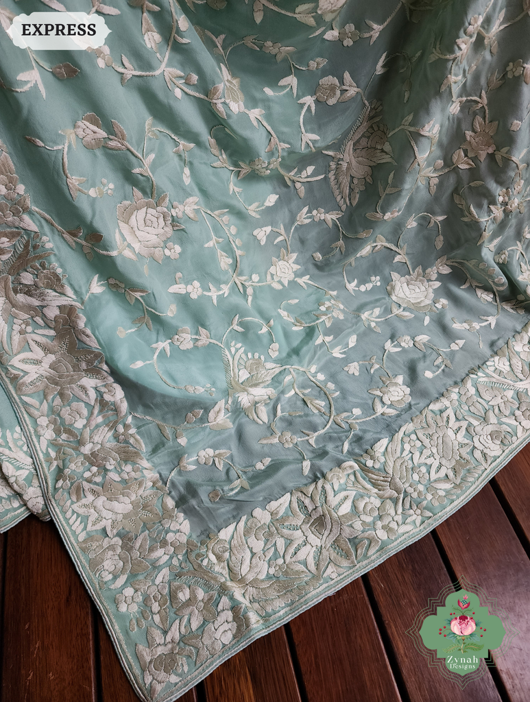 Zynah Made To Order Pastel Mint Green Pure Crepe Silk Hand Embroidered Authentic Parsi Gara Saree; Custom Stitched/Ready-made Blouse, Fall, Petticoat; SKU: 1109202502
