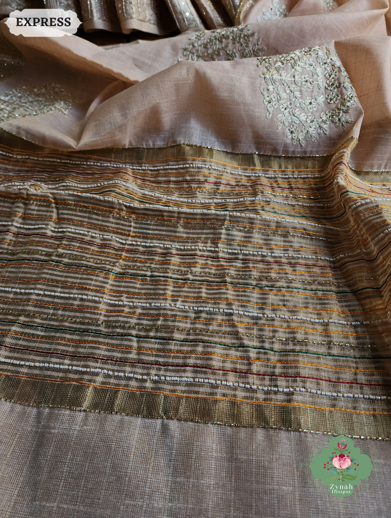 Zynah Pastel Peach Kota Tissue Saree With Pita Work & Delicate Hand Embellishments; Custom Stitched/Ready-made Blouse, Fall, Petticoat; SKU: 1403202501