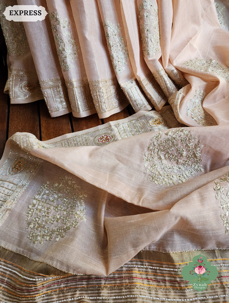 Zynah Pastel Peach Kota Tissue Saree With Pita Work & Delicate Hand Embellishments; Custom Stitched/Ready-made Blouse, Fall, Petticoat; SKU: 1403202501