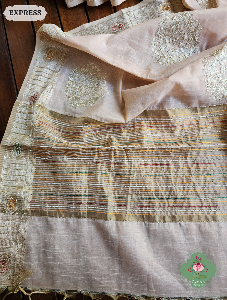 Zynah Pastel Peach Kota Tissue Saree With Pita Work & Delicate Hand Embellishments; Custom Stitched/Ready-made Blouse, Fall, Petticoat; SKU: 1403202501