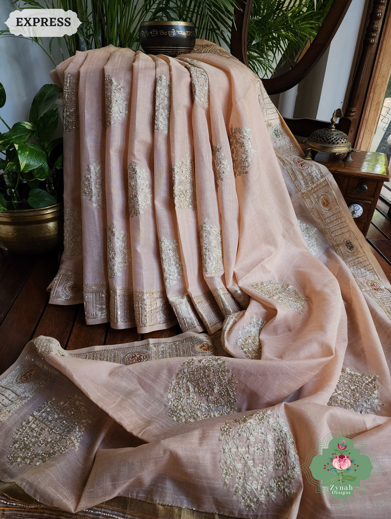 Zynah Pastel Peach Kota Tissue Saree With Pita Work & Delicate Hand Embellishments; Custom Stitched/Ready-made Blouse, Fall, Petticoat; SKU: 1403202501
