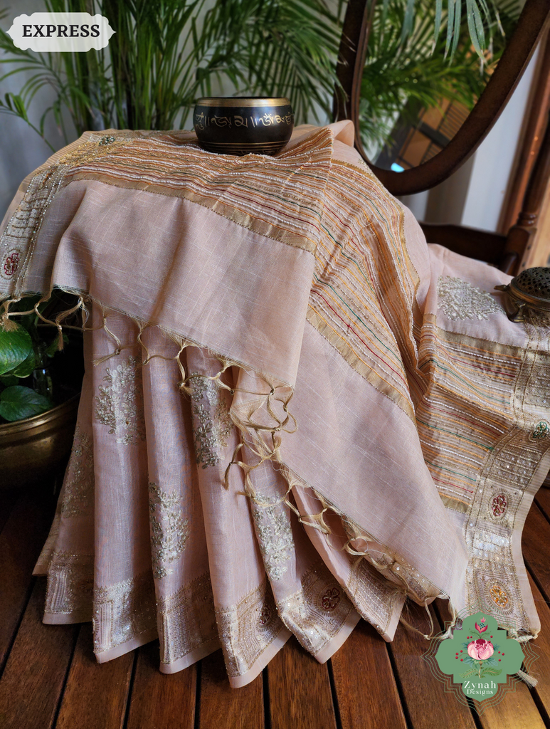 Zynah Pastel Peach Kota Tissue Saree With Pita Work & Delicate Hand Embellishments; Custom Stitched/Ready-made Blouse, Fall, Petticoat; SKU: 1403202501