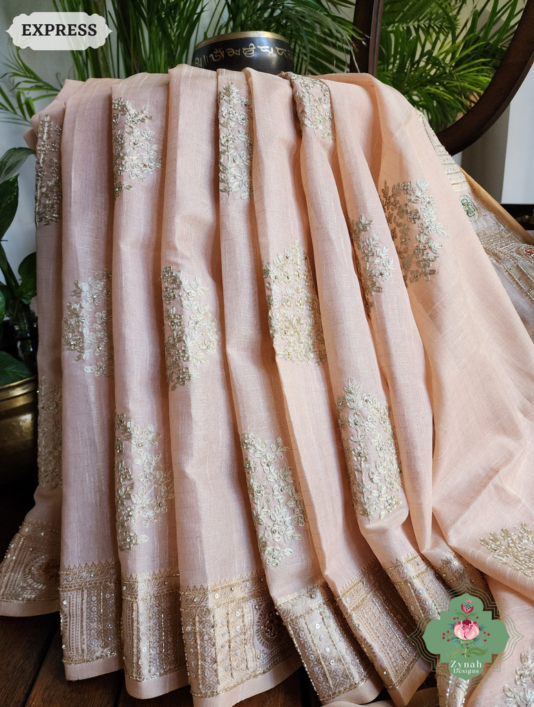Zynah Pastel Peach Kota Tissue Saree With Pita Work & Delicate Hand Embellishments; Custom Stitched/Ready-made Blouse, Fall, Petticoat; SKU: 1403202501