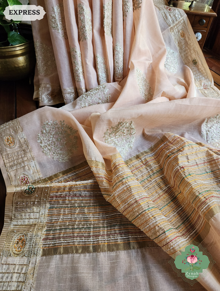 Zynah Pastel Peach Kota Tissue Saree With Pita Work & Delicate Hand Embellishments; Custom Stitched/Ready-made Blouse, Fall, Petticoat; SKU: 1403202501