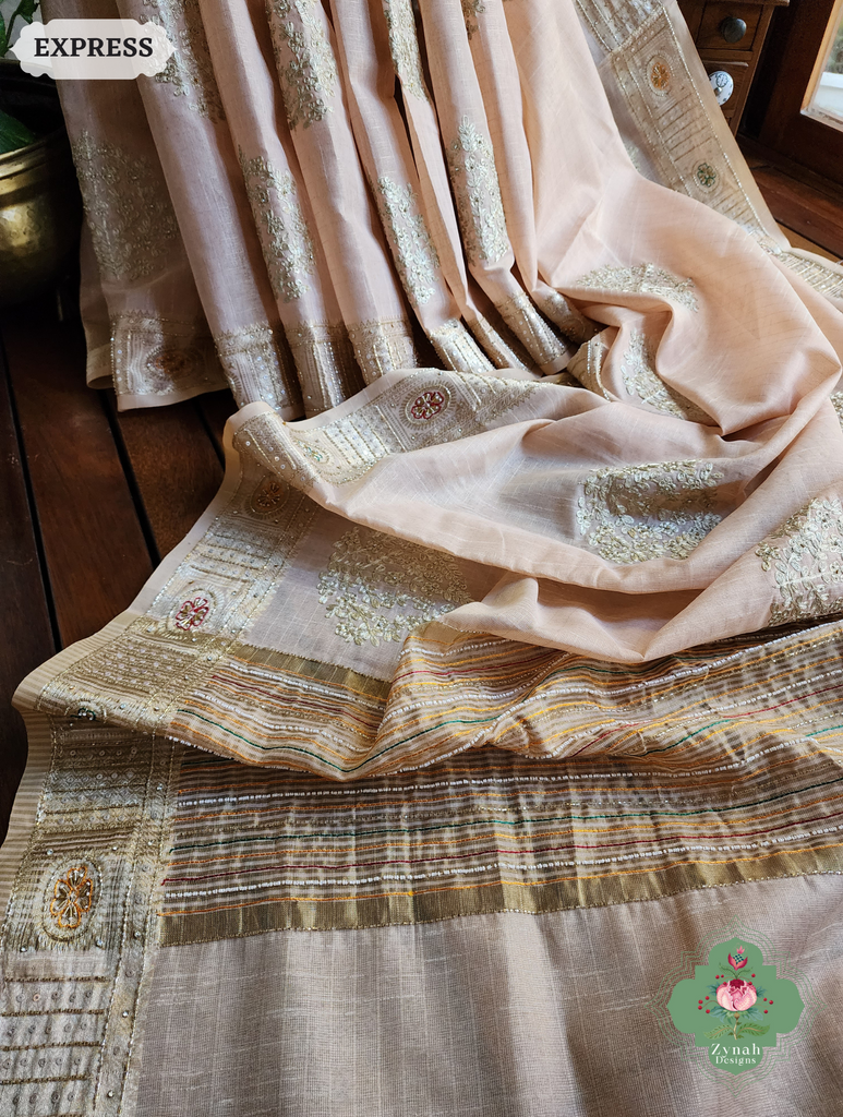 Zynah Pastel Peach Kota Tissue Saree With Pita Work & Delicate Hand Embellishments; Custom Stitched/Ready-made Blouse, Fall, Petticoat; SKU: 1403202501
