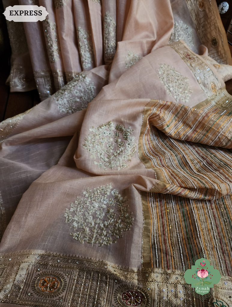 Zynah Pastel Peach Kota Tissue Saree With Pita Work & Delicate Hand Embellishments; Custom Stitched/Ready-made Blouse, Fall, Petticoat; SKU: 1403202501