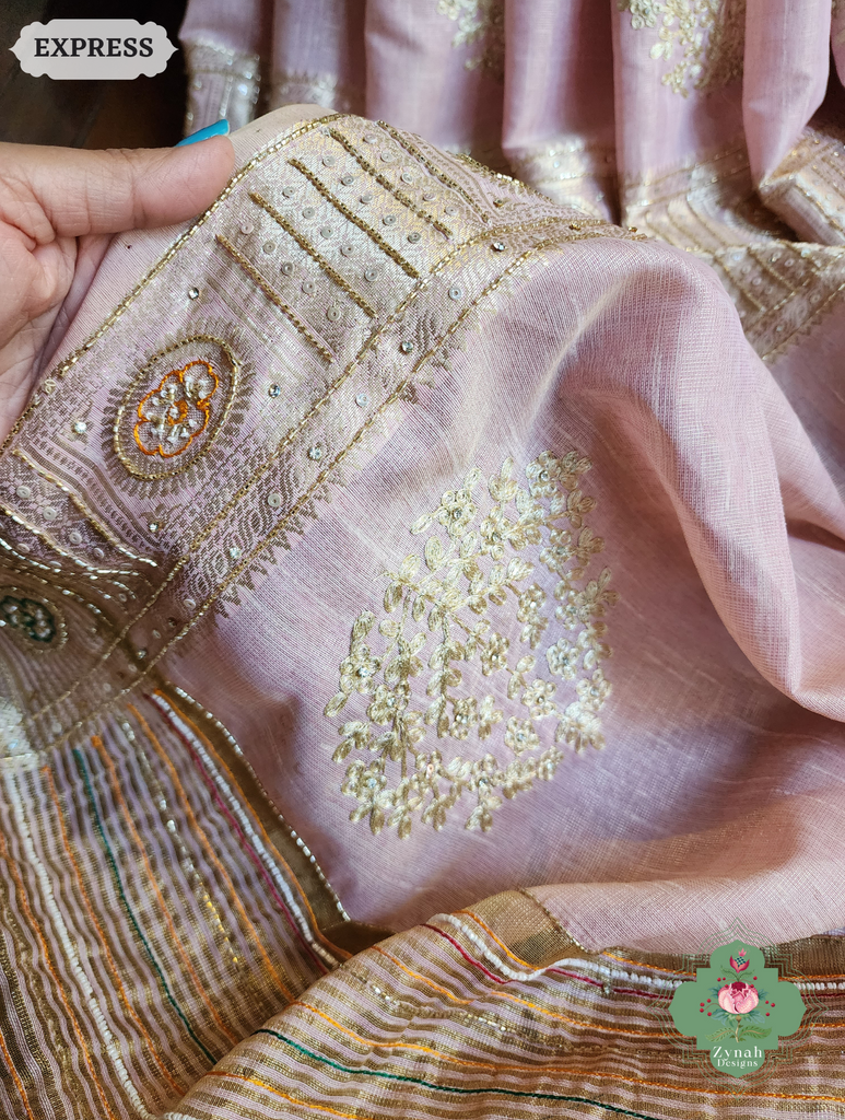 Zynah Pastel Pink Kota Tissue Saree With Pita Work & Delicate Hand Embellishments; Custom Stitched/Ready-made Blouse, Fall, Petticoat; SKU: 1403202504