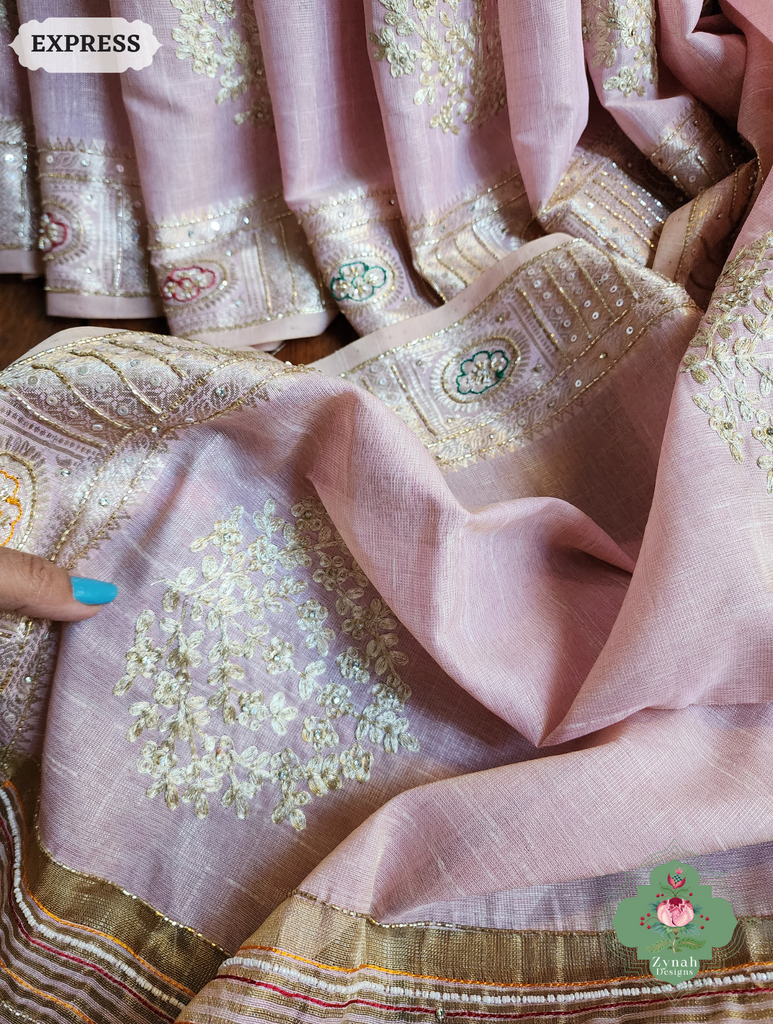 Zynah Pastel Pink Kota Tissue Saree With Pita Work & Delicate Hand Embellishments; Custom Stitched/Ready-made Blouse, Fall, Petticoat; SKU: 1403202504