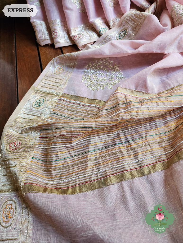Zynah Pastel Pink Kota Tissue Saree With Pita Work & Delicate Hand Embellishments; Custom Stitched/Ready-made Blouse, Fall, Petticoat; SKU: 1403202504
