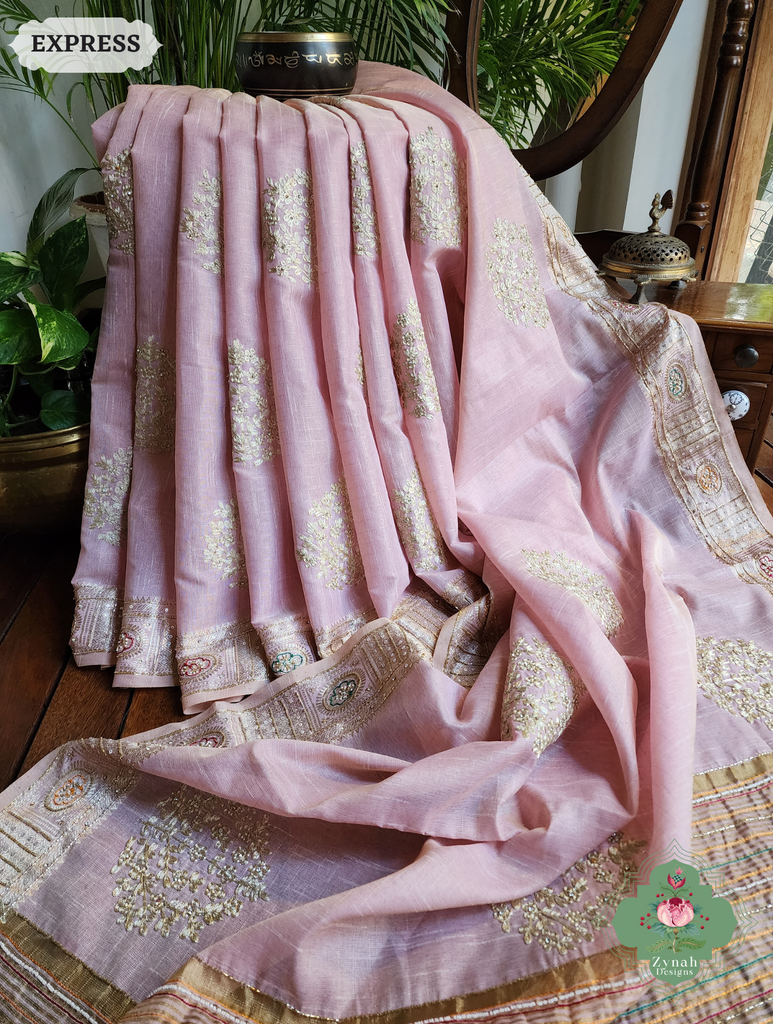 Zynah Pastel Pink Kota Tissue Saree With Pita Work & Delicate Hand Embellishments; Custom Stitched/Ready-made Blouse, Fall, Petticoat; SKU: 1403202504