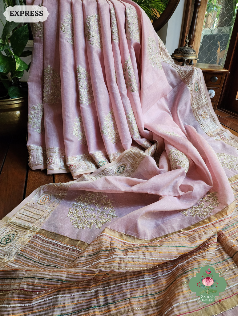 Zynah Pastel Pink Kota Tissue Saree With Pita Work & Delicate Hand Embellishments; Custom Stitched/Ready-made Blouse, Fall, Petticoat; SKU: 1403202504