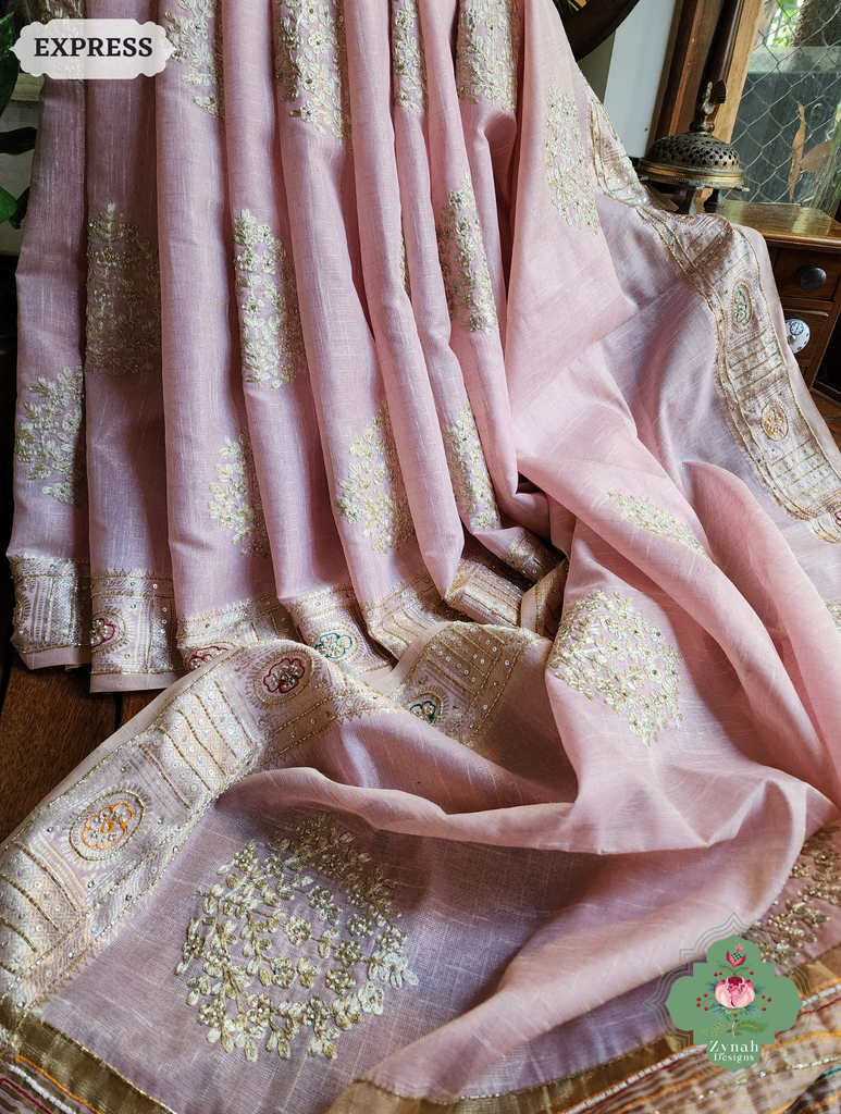 Zynah Pastel Pink Kota Tissue Saree With Pita Work & Delicate Hand Embellishments; Custom Stitched/Ready-made Blouse, Fall, Petticoat; SKU: 1403202504