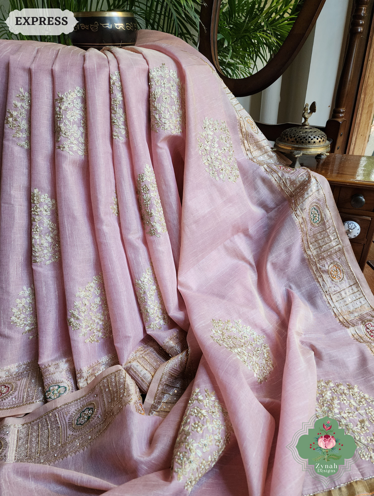 Zynah Pastel Pink Kota Tissue Saree With Pita Work & Delicate Hand Embellishments; Custom Stitched/Ready-made Blouse, Fall, Petticoat; SKU: 1403202504