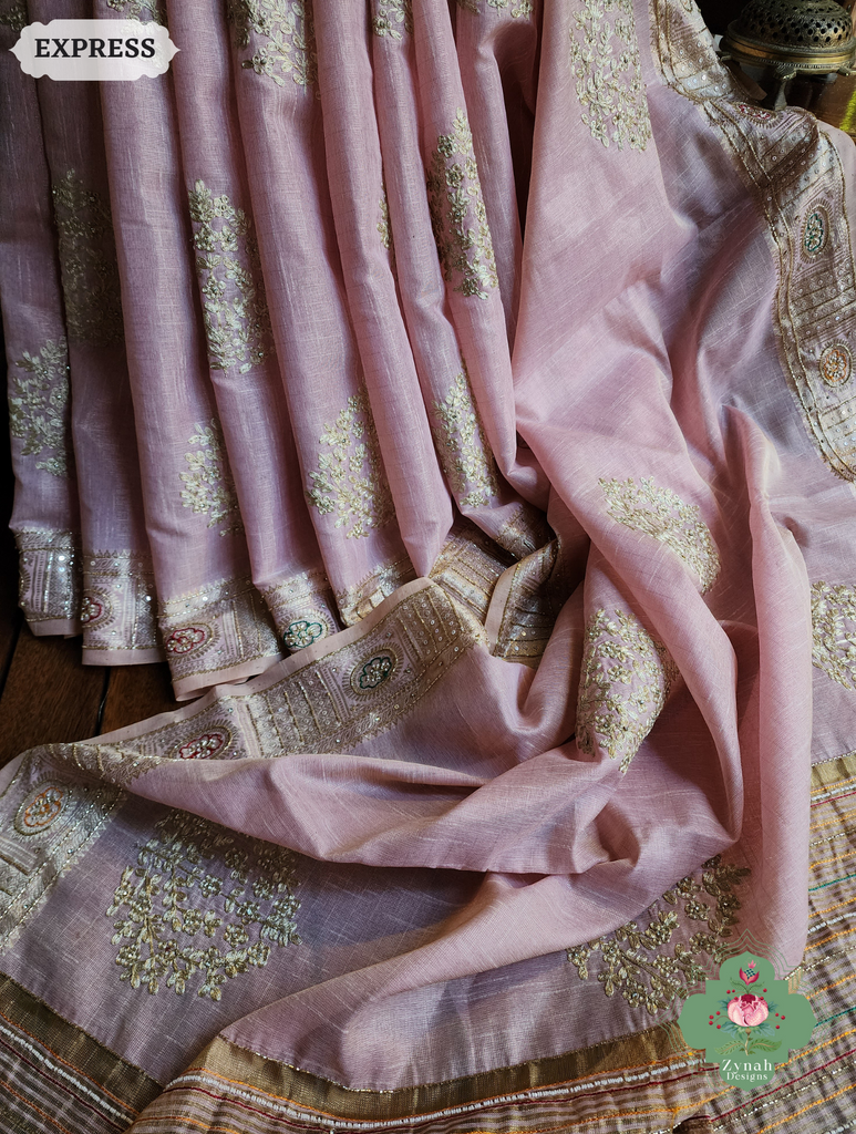 Zynah Pastel Pink Kota Tissue Saree With Pita Work & Delicate Hand Embellishments; Custom Stitched/Ready-made Blouse, Fall, Petticoat; SKU: 1403202504