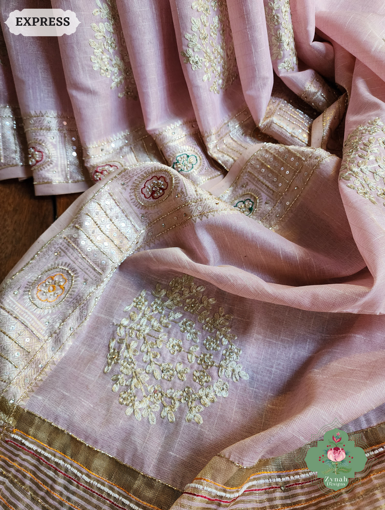 Zynah Pastel Pink Kota Tissue Saree With Pita Work & Delicate Hand Embellishments; Custom Stitched/Ready-made Blouse, Fall, Petticoat; SKU: 1403202504