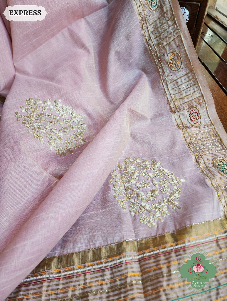 Zynah Pastel Pink Kota Tissue Saree With Pita Work & Delicate Hand Embellishments; Custom Stitched/Ready-made Blouse, Fall, Petticoat; SKU: 1403202504