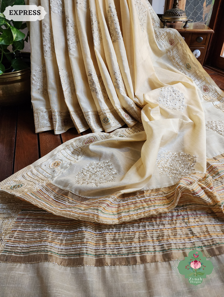 Zynah Pastel Yellow Kota Tissue Saree With Pita Work & Delicate Hand Embellishments; Custom Stitched/Ready-made Blouse, Fall, Petticoat; SKU: 1403202502
