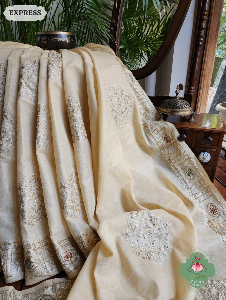 Zynah Pastel Yellow Kota Tissue Saree With Pita Work & Delicate Hand Embellishments; Custom Stitched/Ready-made Blouse, Fall, Petticoat; SKU: 1403202502