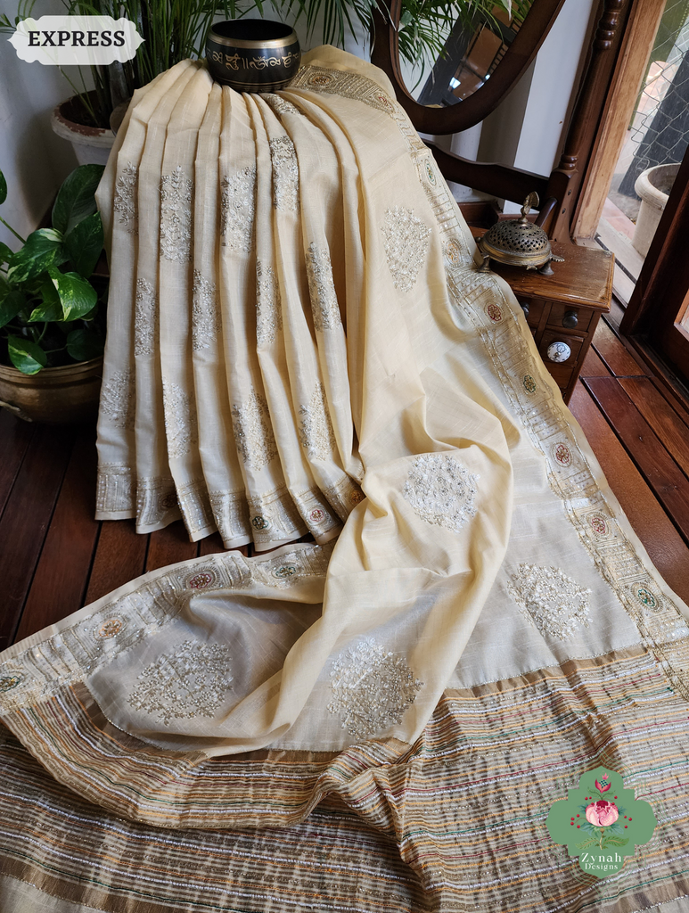 Zynah Pastel Yellow Kota Tissue Saree With Pita Work & Delicate Hand Embellishments; Custom Stitched/Ready-made Blouse, Fall, Petticoat; SKU: 1403202502