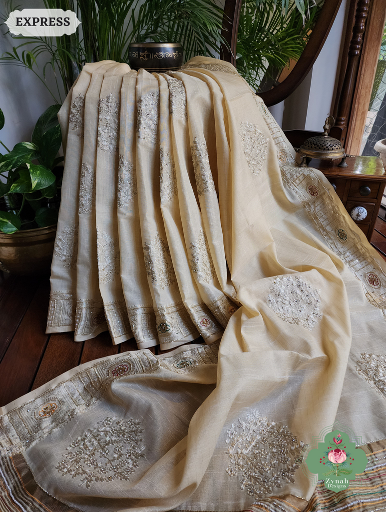 Zynah Pastel Yellow Kota Tissue Saree With Pita Work & Delicate Hand Embellishments; Custom Stitched/Ready-made Blouse, Fall, Petticoat; SKU: 1403202502