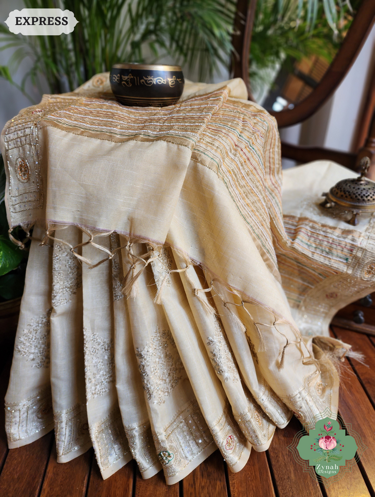 Zynah Pastel Yellow Kota Tissue Saree With Pita Work & Delicate Hand Embellishments; Custom Stitched/Ready-made Blouse, Fall, Petticoat; SKU: 1403202502
