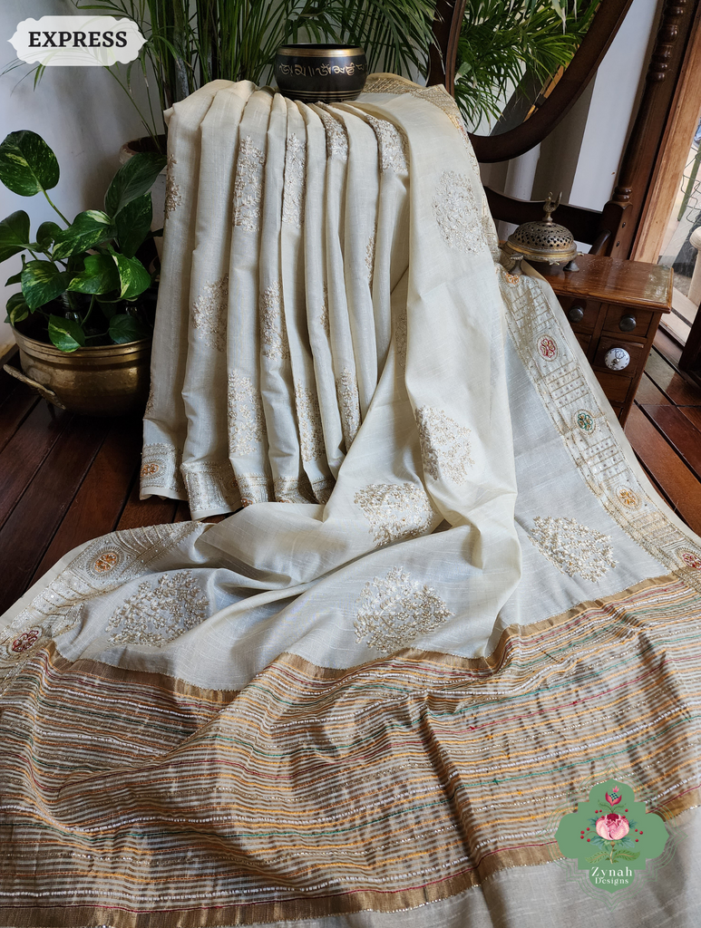 Zynah Pastel Yellow Kota Tissue Saree With Pita Work & Delicate Hand Embellishments; Custom Stitched/Ready-made Blouse, Fall, Petticoat; SKU: 1403202502