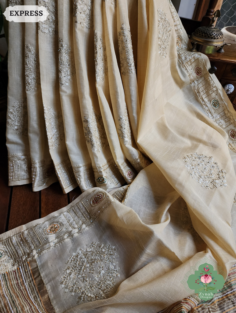 Zynah Pastel Yellow Kota Tissue Saree With Pita Work & Delicate Hand Embellishments; Custom Stitched/Ready-made Blouse, Fall, Petticoat; SKU: 1403202502