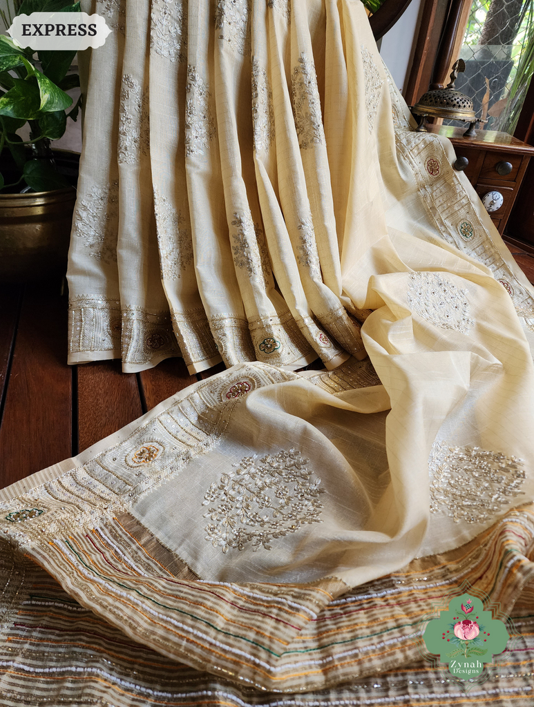 Zynah Pastel Yellow Kota Tissue Saree With Pita Work & Delicate Hand Embellishments; Custom Stitched/Ready-made Blouse, Fall, Petticoat; SKU: 1403202502