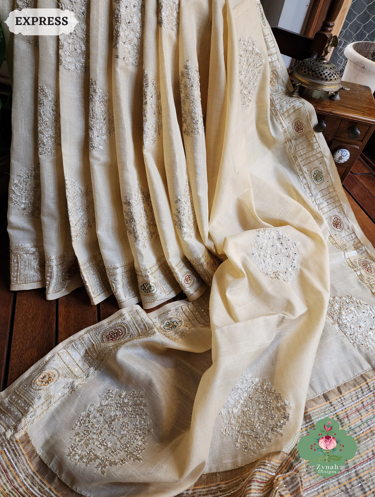 Zynah Pastel Yellow Kota Tissue Saree With Pita Work & Delicate Hand Embellishments; Custom Stitched/Ready-made Blouse, Fall, Petticoat; SKU: 1403202502