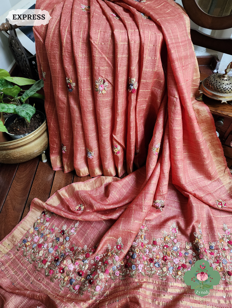 Peach/Gold Self Checkered Tussar Silk Saree with Frenchknot Hand Embroidery & Sequins Work - Festive Elegance