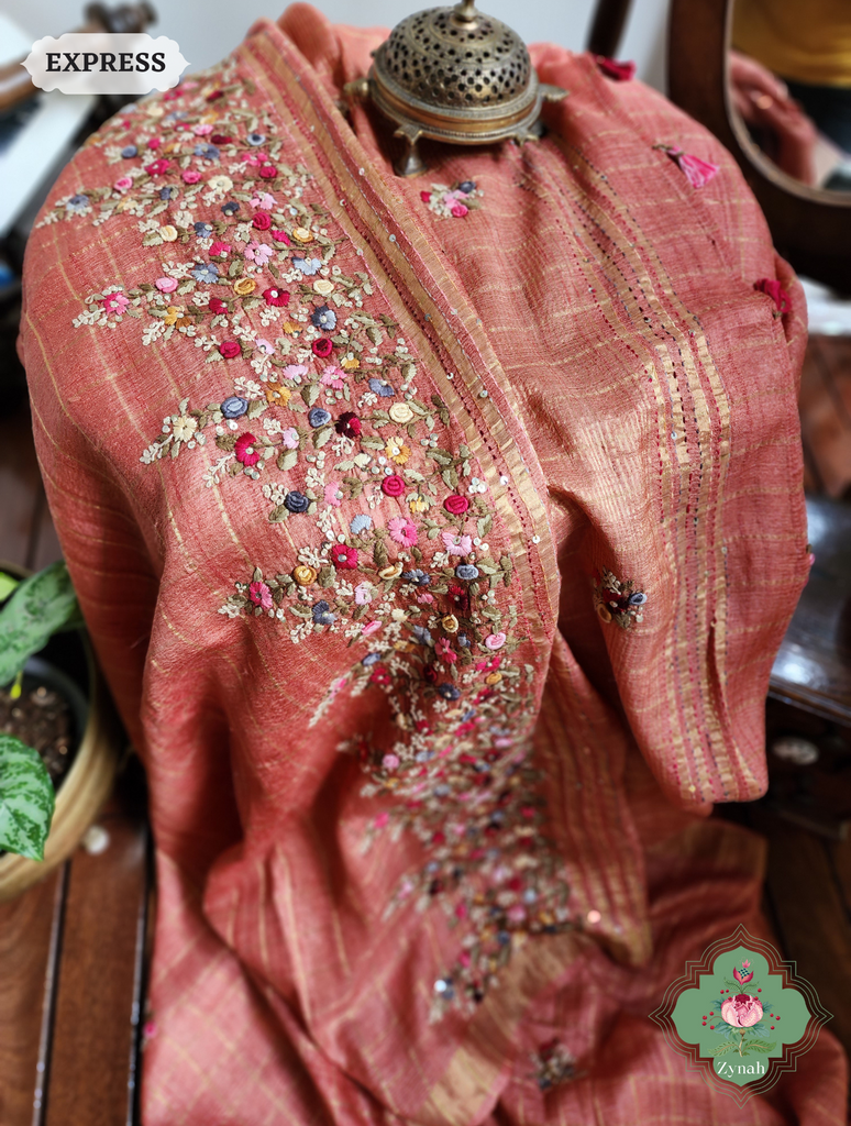 Zynah Peach / Gold Self Checkered Pure Tussar Silk Saree With Frenchknot Hand Embroidery; Custom Stitched/Ready-made Blouse, Fall, Petticoat; SKU: 2908202303