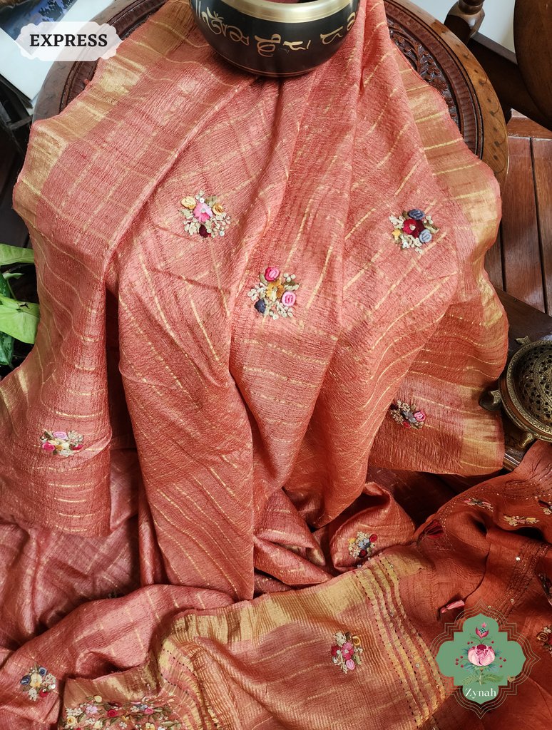 Zynah Peach / Gold Self Checkered Pure Tussar Silk Saree With Frenchknot Hand Embroidery; Custom Stitched/Ready-made Blouse, Fall, Petticoat; SKU: 2908202303