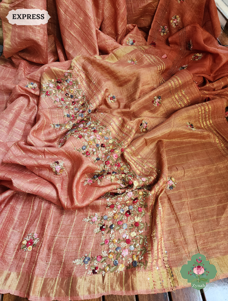Zynah Peach / Gold Self Checkered Pure Tussar Silk Saree With Frenchknot Hand Embroidery; Custom Stitched/Ready-made Blouse, Fall, Petticoat; SKU: 2908202303