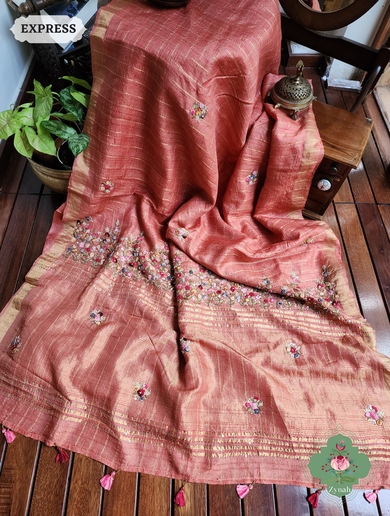 Zynah Peach / Gold Self Checkered Pure Tussar Silk Saree With Frenchknot Hand Embroidery; Custom Stitched/Ready-made Blouse, Fall, Petticoat; SKU: 2908202303